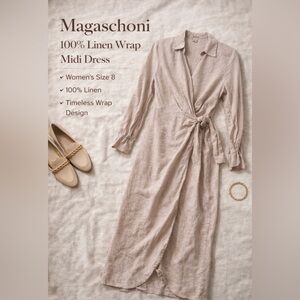 Magaschoni 100% Linen Wrap Midi Dress Size 8